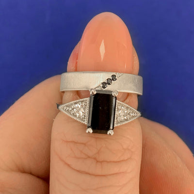 14k White Gold Round with Black and White Diamonds Matching Couple Custom Fem and Masc Couples Rings Set