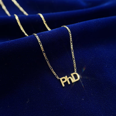 14k Yellow Gold 7mm tall "PhD" Nameplate on Figaro Chain Custom 18inch Necklace