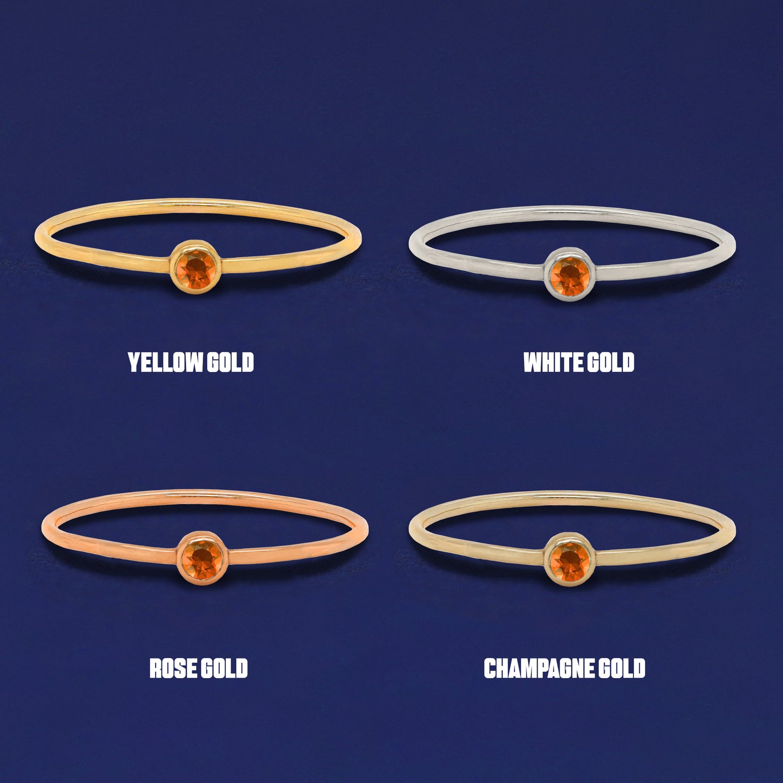 Four versions of the orange Fire Opal Ring shown in options of yellow, white, rose and champagne gold