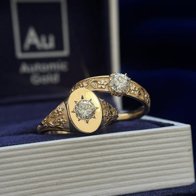 14k Yellow Gold with Heirloom Diamonds Vintage Inspired Floral Custom Couple Matching Engagement Rings Set, size 8 and 8.5