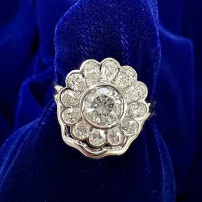 14k White Gold Bezel-set 0.95ct G/SI2 Diamond w/ Flower-style Bezel-set Pear Diamonds Custom Ring