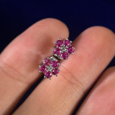 14k White Gold & 2pc Customer's Diamonds & 10pc Tourmalines Prong-set into Flower Custom Earrings, pair, with medium backs