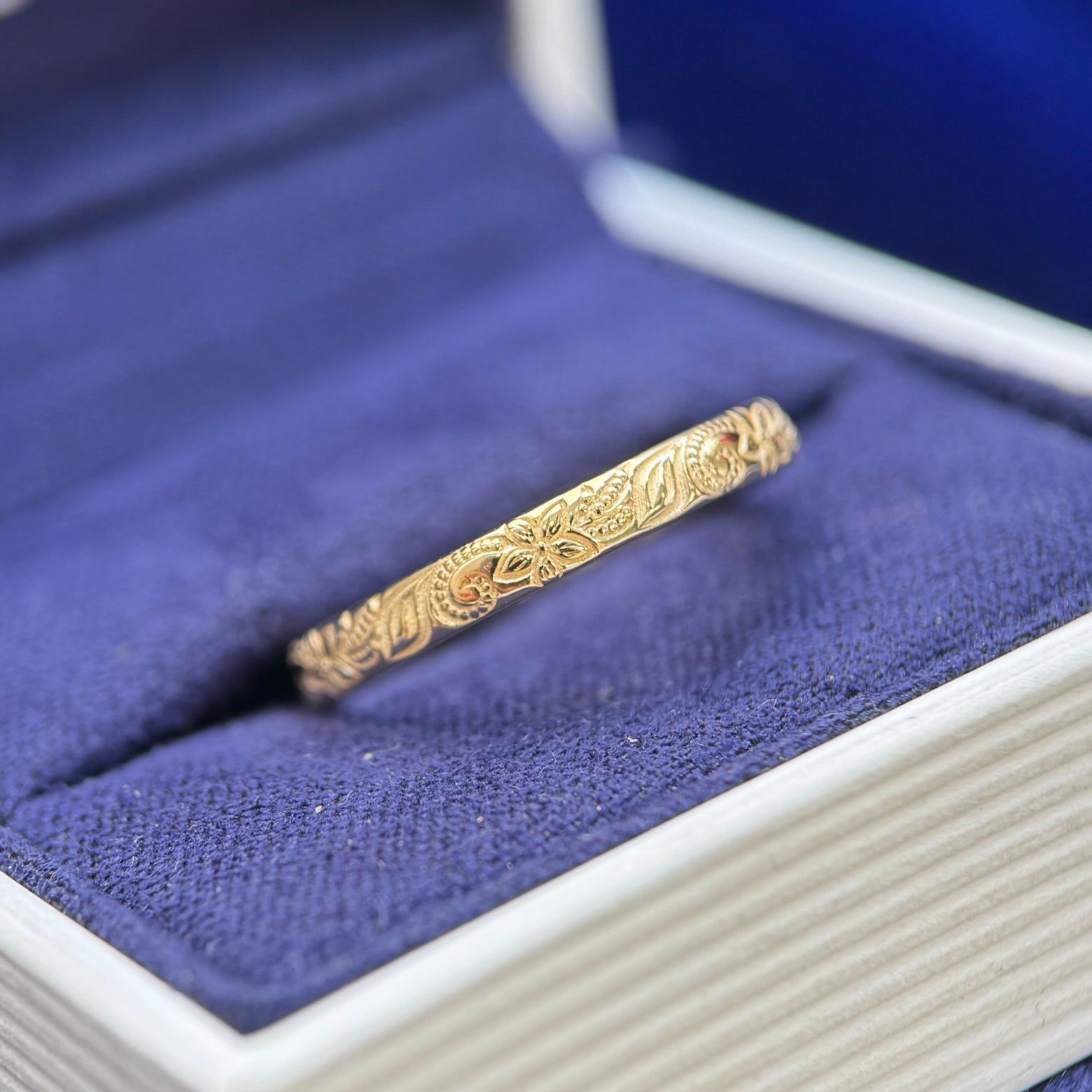 Heirloom 14k Yellow Gold remade into Thin Band with Floral Filigree Engraving Custom Band, Size 5.75