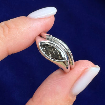 950 Platinum and Flush-set 1.06ct Marquise Gray Lab Diamond on Curvy Band Custom Ring and 950 Platinum Matching Curving around 2mm Curvy Band Custom Ring, size 5