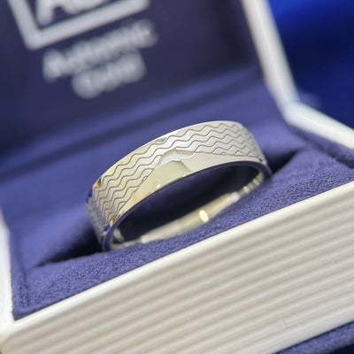 950 Platinum Engraved Waves and Fuji mountain on 6mm Industrial Band Custom Ring size 10.25