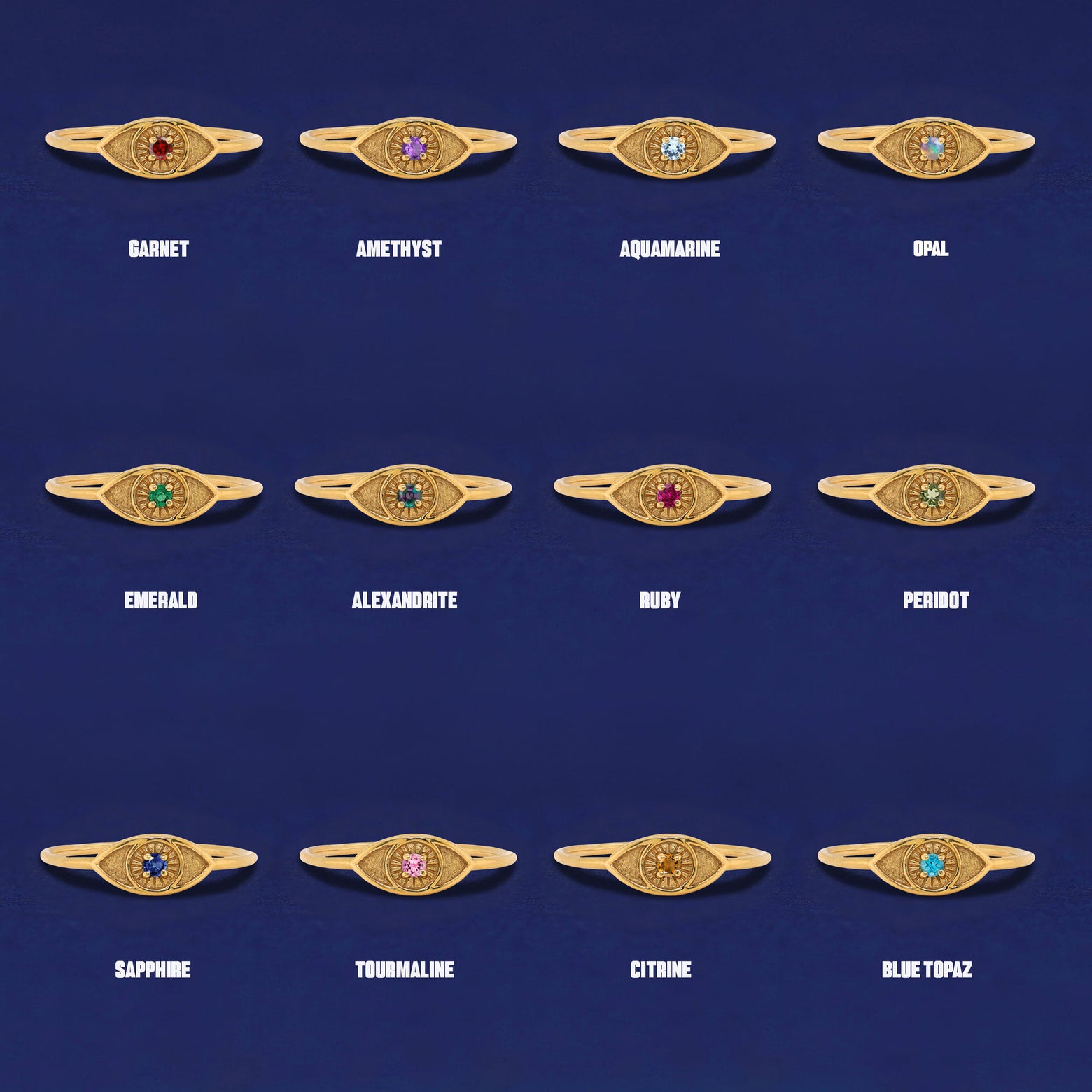 Twelve versions of the solid yellow gold Evil Eye Ring showing the different gemstone options
