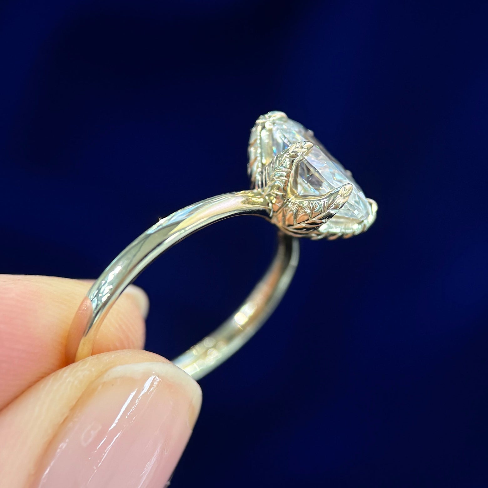 14k Yellow Gold and 2.25ct Oval Lab Diamond High-set with 6-Leaf Prongs on 2mm Mix Mirror Band Custom Ring, size 5.75