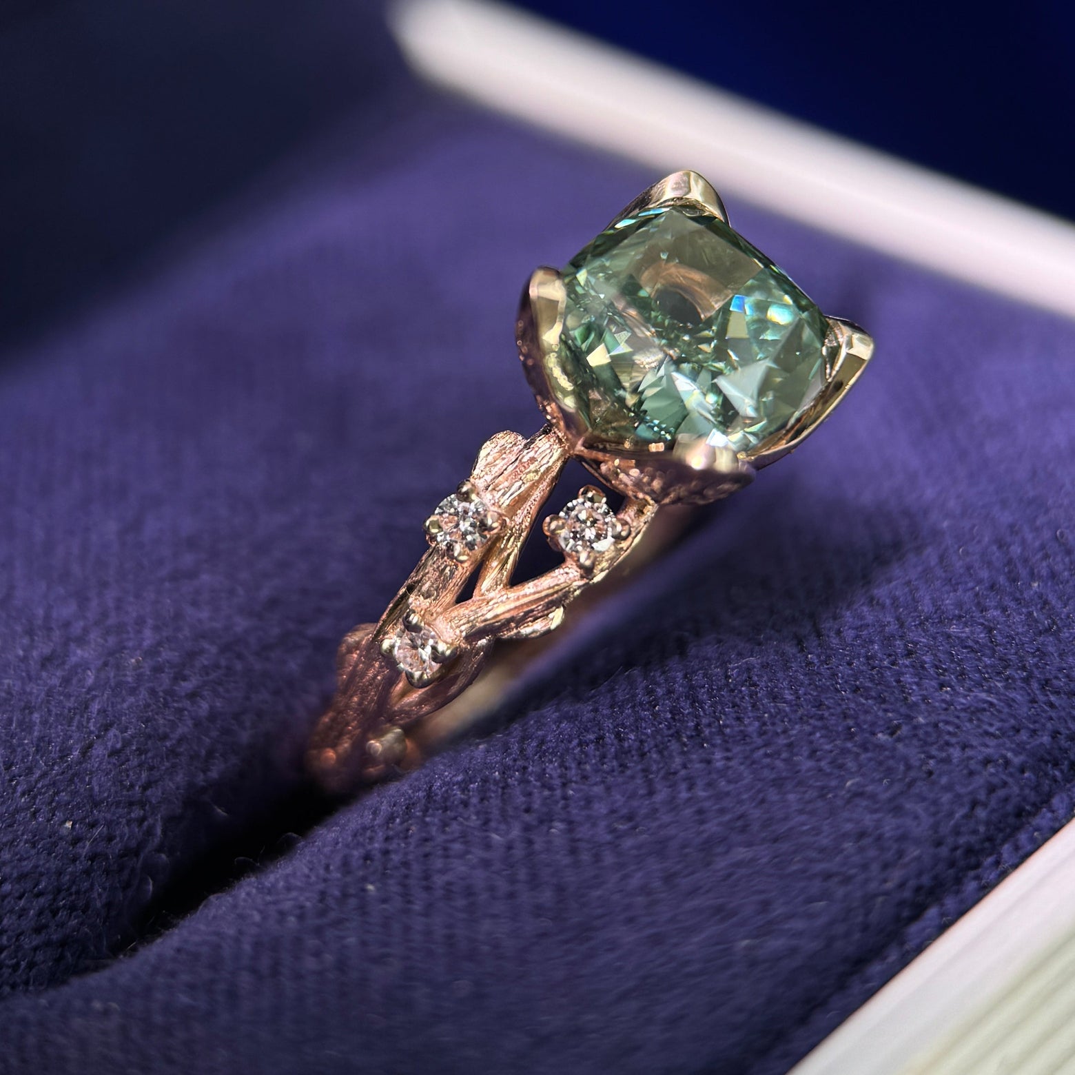 14k Rose Gold and Engraved-leaf-prongs 2.52ct Cushion VVS Lab Green Diamond Low-set on Brunches Band with 6pc Round Lab Diamonds Custom Ring, size 4.5
