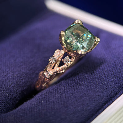 14k Rose Gold and Engraved-leaf-prongs 2.52ct Cushion VVS Lab Green Diamond Low-set on Brunches Band with 6pc Round Lab Diamonds Custom Ring, size 4.5
