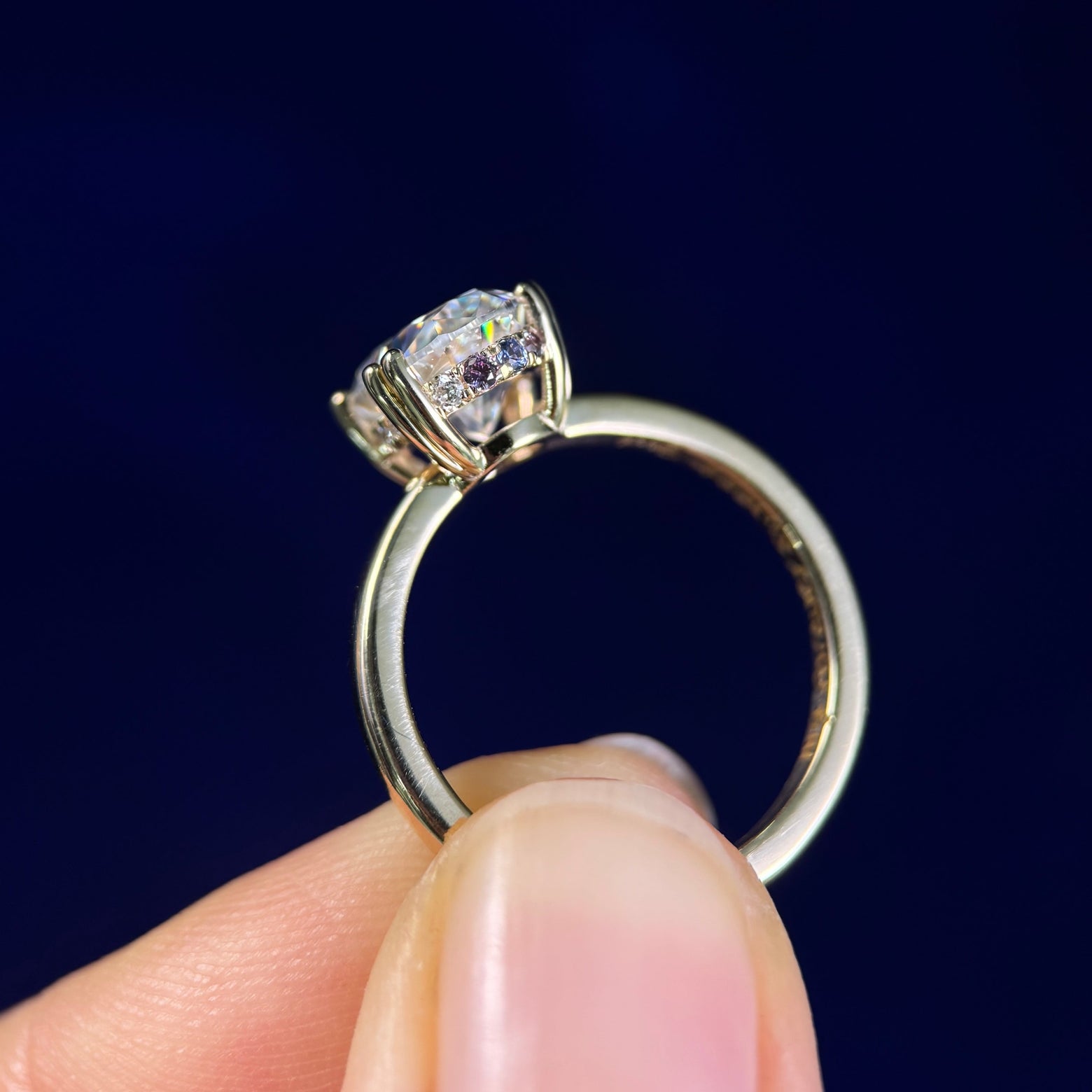 14k Yellow Gold Oval Moissanite with Small Lab Diamond, Pink and Light Blue Sapphires and Alexandrite on Halo Custom Ring, Size 5.5