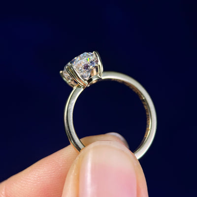 14k Yellow Gold Oval Moissanite with Small Lab Diamond, Pink and Light Blue Sapphires and Alexandrite on Halo Custom Ring, Size 5.5