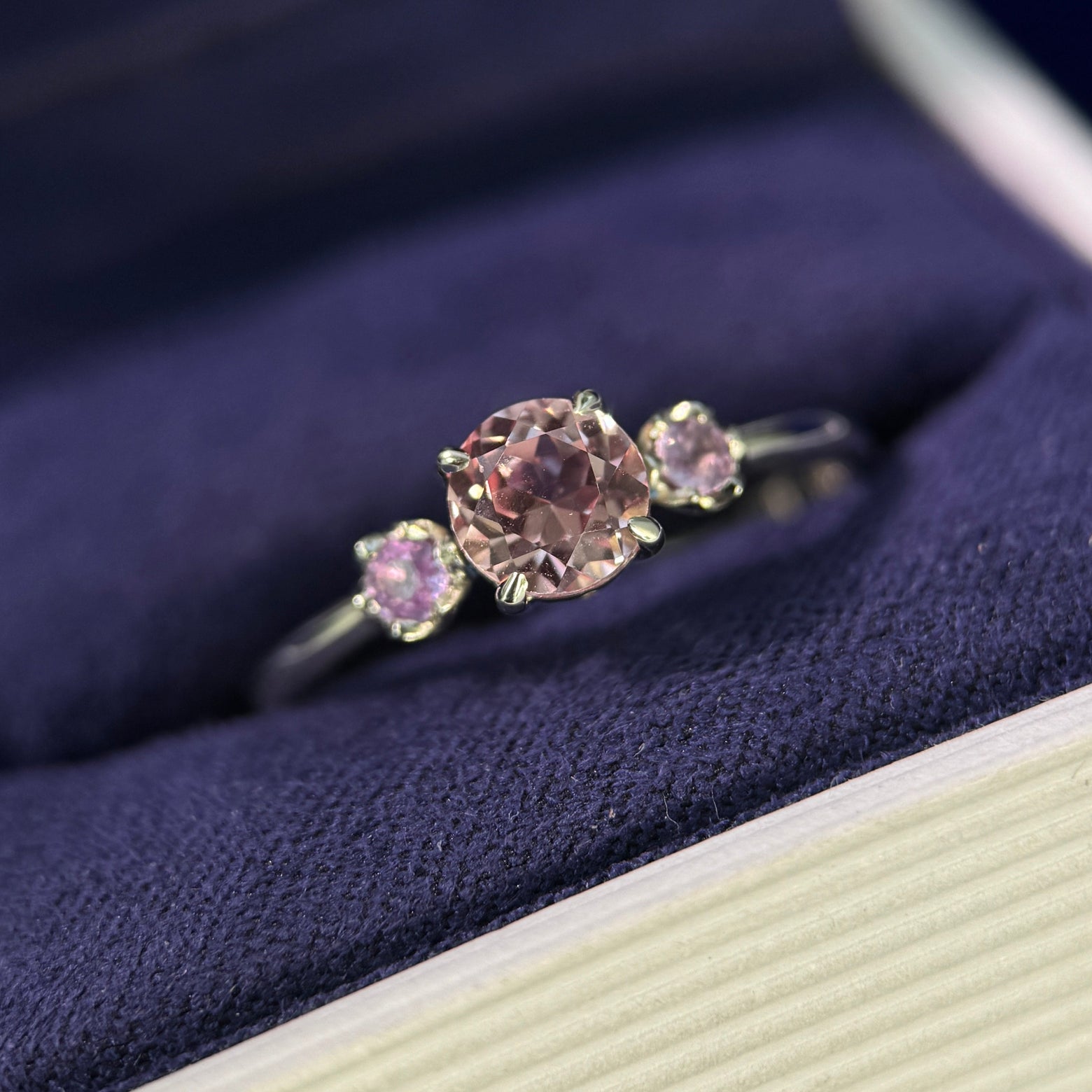 14k Champagne Gold and 6mm Round Light Pink Lab Sapphire with 2pc 2.4mm Lavender Natural Sapphires Custom 3-stone Ring, size 9