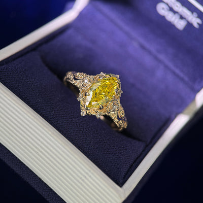 14k Yellow Gold and Customers 1.52ct Marquise Yellow Lab Diamond and Lab Diamonds Filigree Custom Ring, size 8