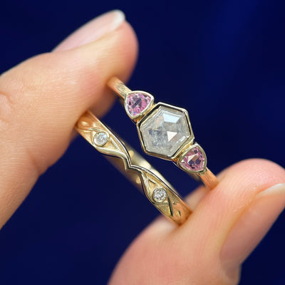 10k Yellow Gold and Bezel-set 0.65ct Hexagon Light Salt-and-pepper Diamond and 2pc 3mm Trillion Pink Lab Sapphires on 1.7mm Textured Band with a Nesting Diamond Band Custom Rings Set, size 7