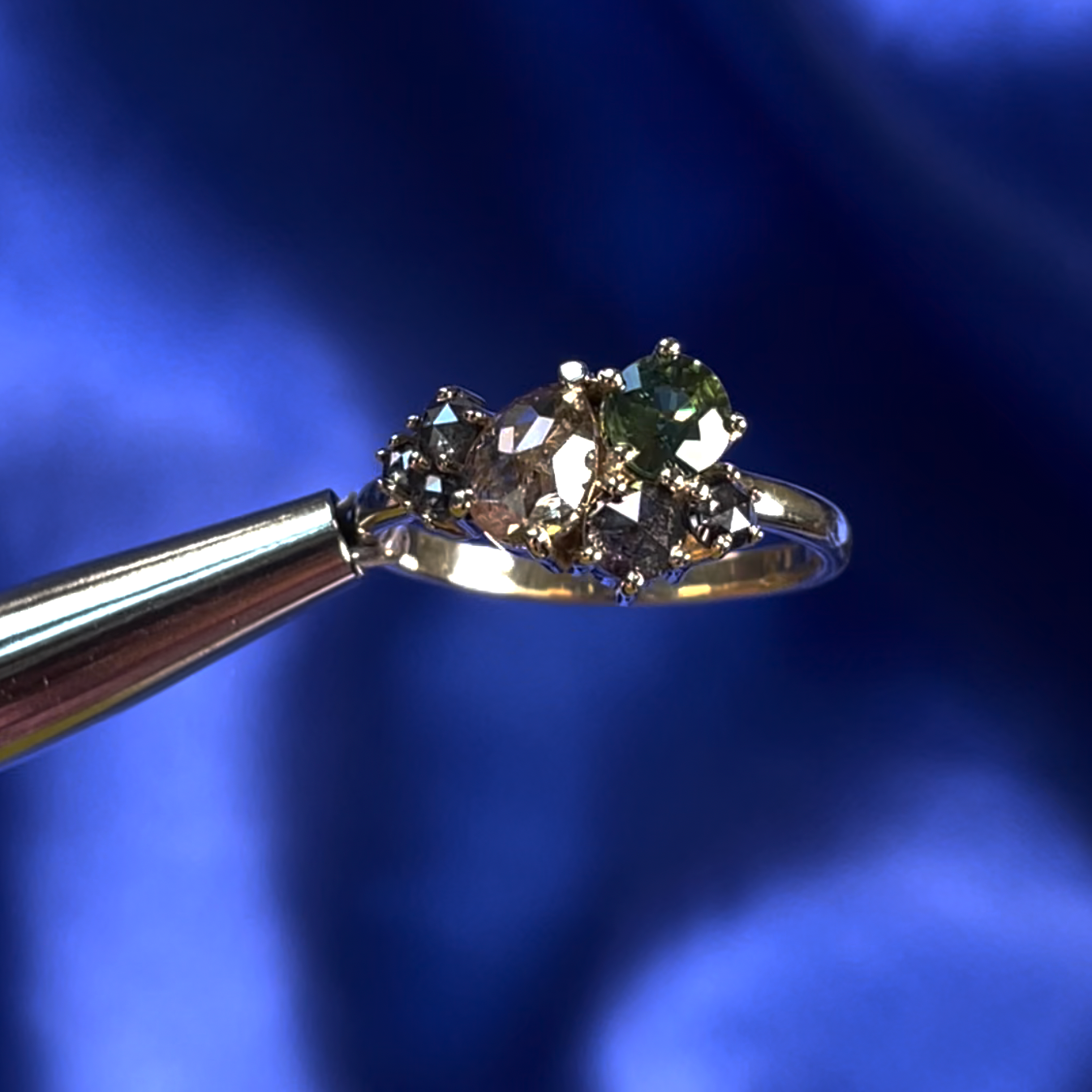 14k Yellow Gold with Champagne Pear Diamond and Green Round Diamond and Round Dark Diamonds Cluster Custom Ring