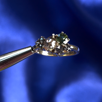 14k Yellow Gold with Champagne Pear Diamond and Green Round Diamond and Round Dark Diamonds Cluster Custom Ring