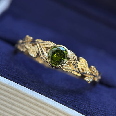 14k Yellow Gold and Bezel-leaf-set 0.72ct 5.5mm Round Green Diamond on Leaves Band Custom Ring, size 12.75