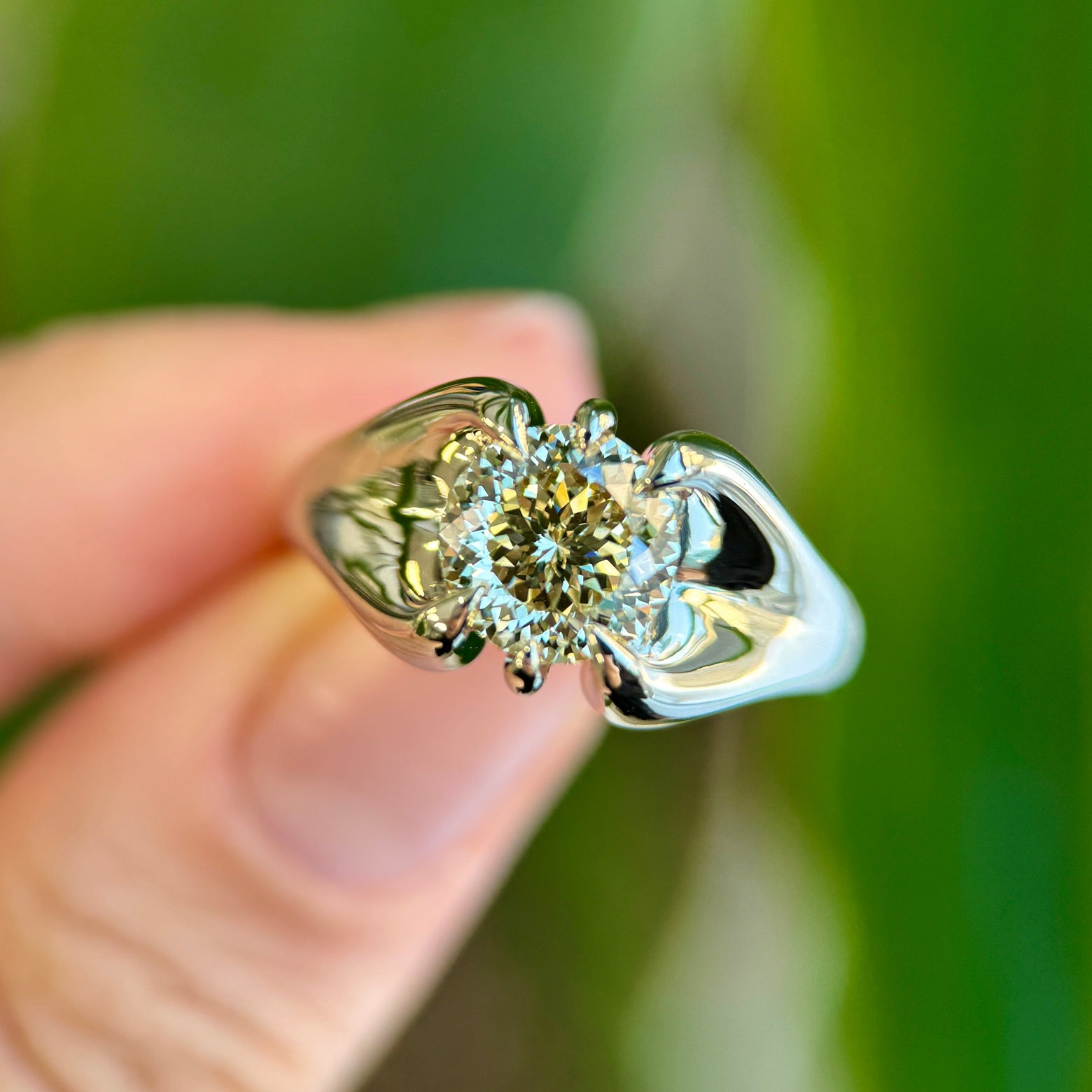 14k Champagne Gold and Customers 8.5mm Green Diamond 6-claw-prong set into Tapered Mirror Band Custom Ring, size 8.5
