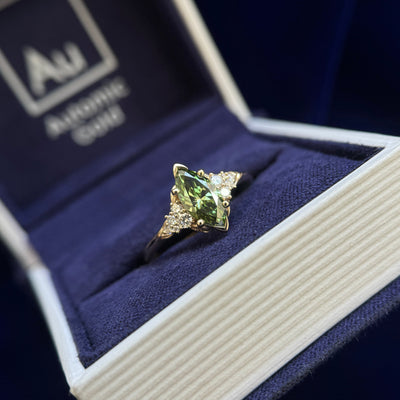 14k Yellow Gold and 1.2ct Green Marquise Lab Diamond with Small Lab Diamonds on 1.7mm Curvy Mirror Band Custom Ring, size 7