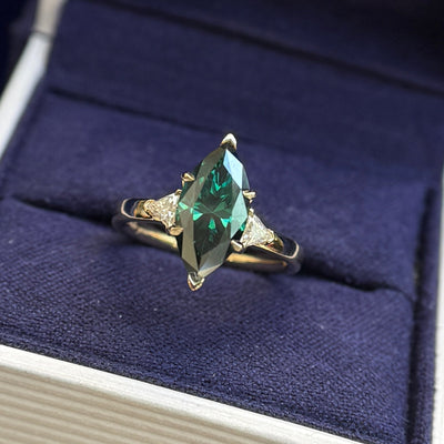 14k Yellow Gold and 12x6mm Dark Green Marquise Moissanite with White Trillion Moissanites on 2mm Mix Mirror Band Custom Ring, Size 4