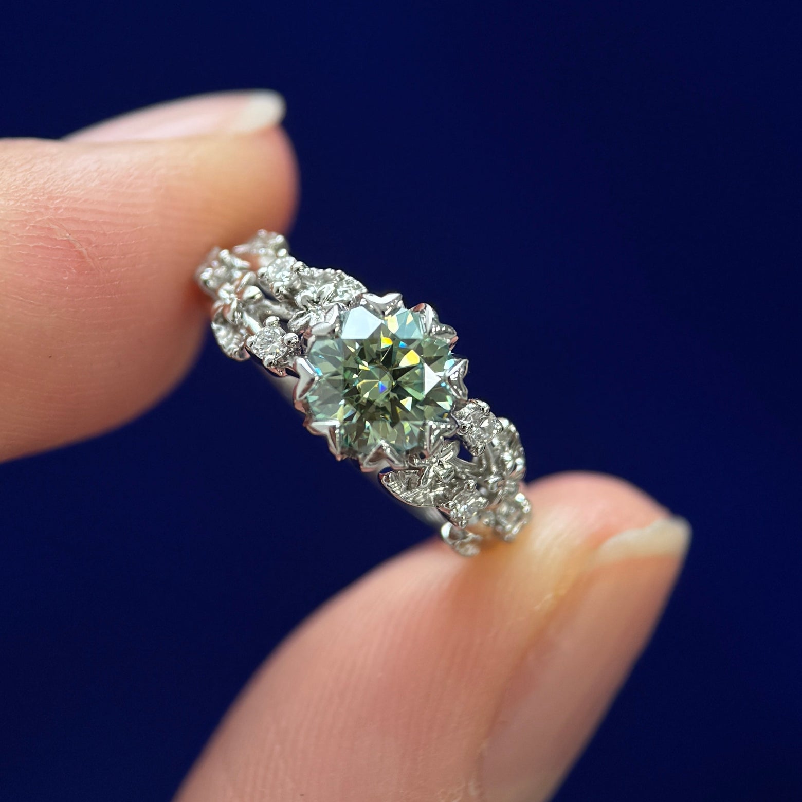 950 Platinum and Petal set 6mm Light Green Moissanite on Symmetrical 3 Brunches Band with 6pc Small Round Lab Diamonds Custom Ring size 3.75