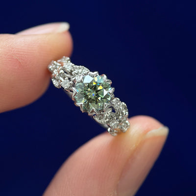 950 Platinum and Petal set 6mm Light Green Moissanite on Symmetrical 3 Brunches Band with 6pc Small Round Lab Diamonds Custom Ring size 3.75