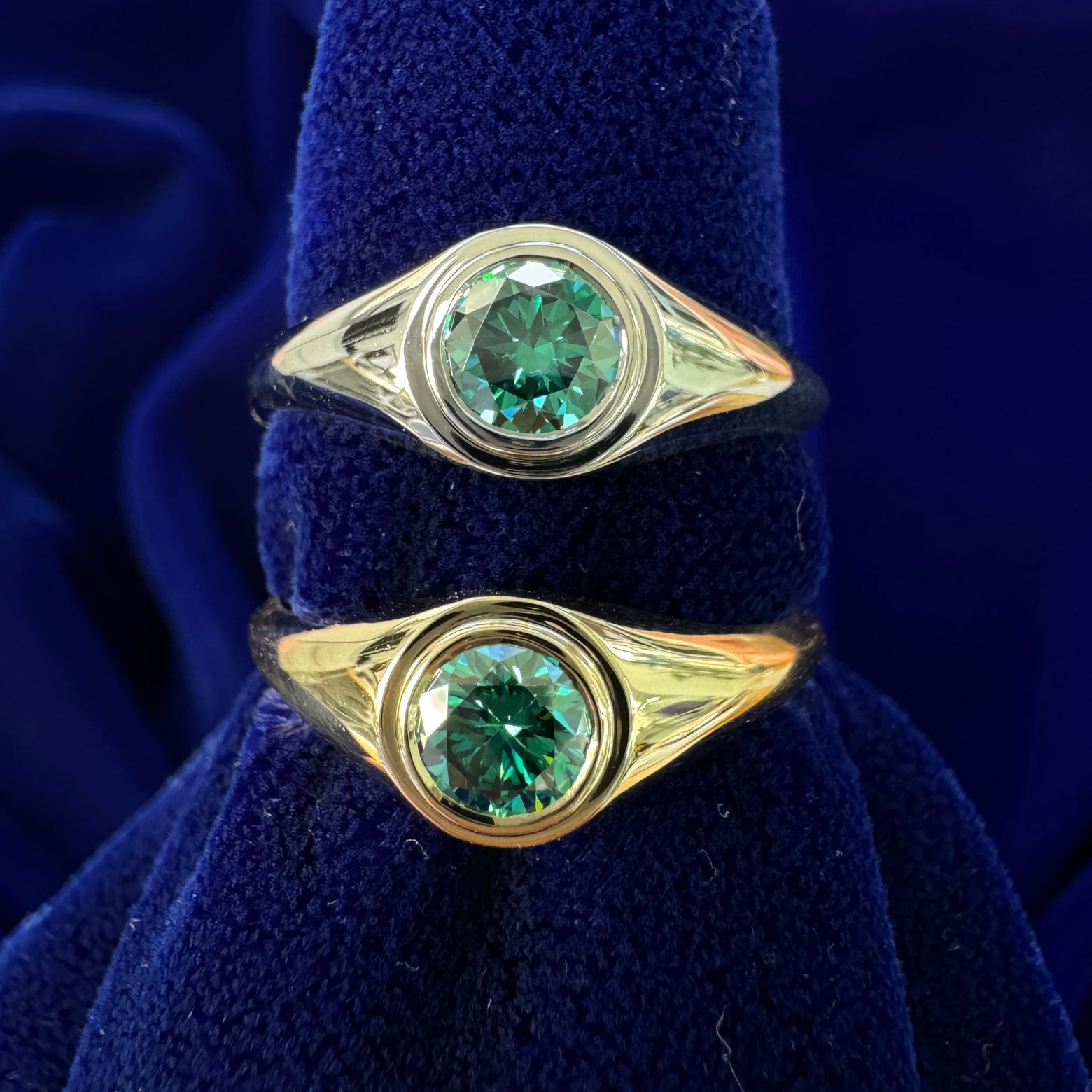 14k Yellow and White Gold with Bezel set 5mm Round Green Moissanite Signet Custom Couple Rings, size 7.75