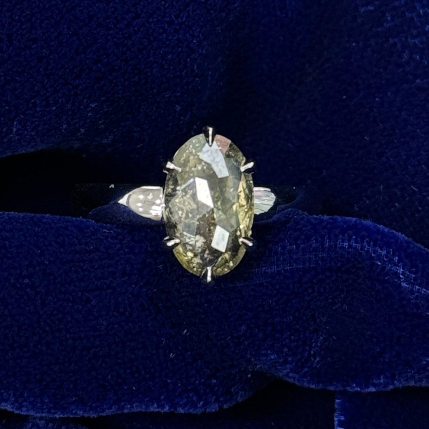 14k White Gold and 6-claw-prongs-set 1.20ct Oval Greenish Salt-and-pepper Diamond on 3mm Band Custom Engagement Ring, size 6.25