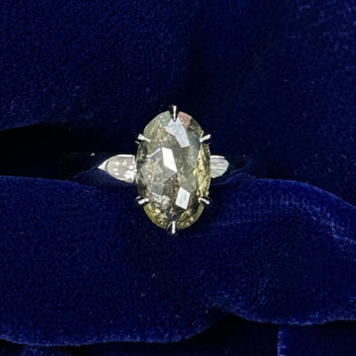 14k White Gold and 6-claw-prongs-set 1.20ct Oval Greenish Salt-and-pepper Diamond on 3mm Band Custom Engagement Ring, size 6.25