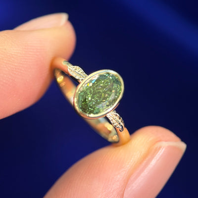 14k Yellow Gold Low-bezel-set 1.09ct Fancy Vivid Green VS1 Oval Lab Diamond on Two Leaf 1.7mm Band Custom Ring, size 4.5