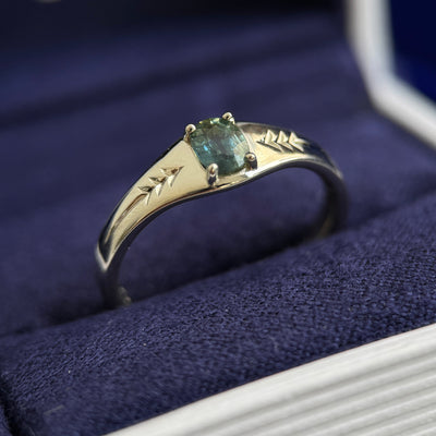 14k Champagne Gold Prongs-set 0.40ct 5.2x3.8mm Green Oval Sapphire Signet Band Engraved with Pine Trees, Custom Ring, Size 6.5