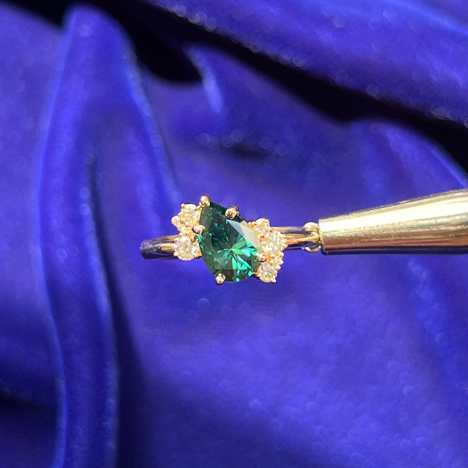 14k Yellow Gold and Flower-prongs-set 1ct Dark Green Pear Moissanite with cluster of Small White Moissanites On Leaves Band Custom Ring, size 6