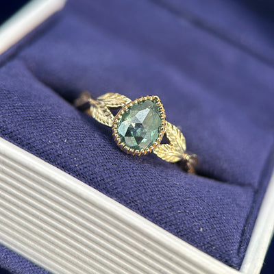 14k Yellow Gold and Milgrain Bezel 0.75ct Green Salt-and-pepper Diamond Split Shank Leaves Custom Ring, size 7