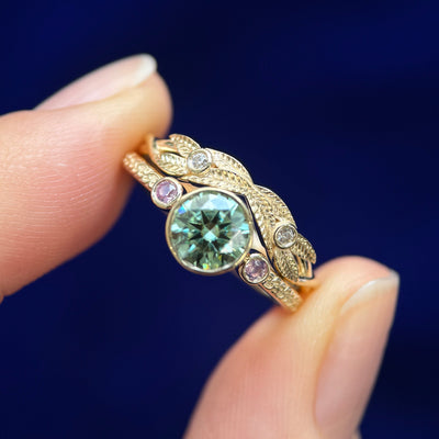 10k Yellow Gold and Bezel-set 5.5mm Round Mint Moissanite and 2pc Pink Round Sapphires on 1.7mm Filigree 3/4 around Band with a Nesting Leaves Band Custom Rings Set, size 5.25