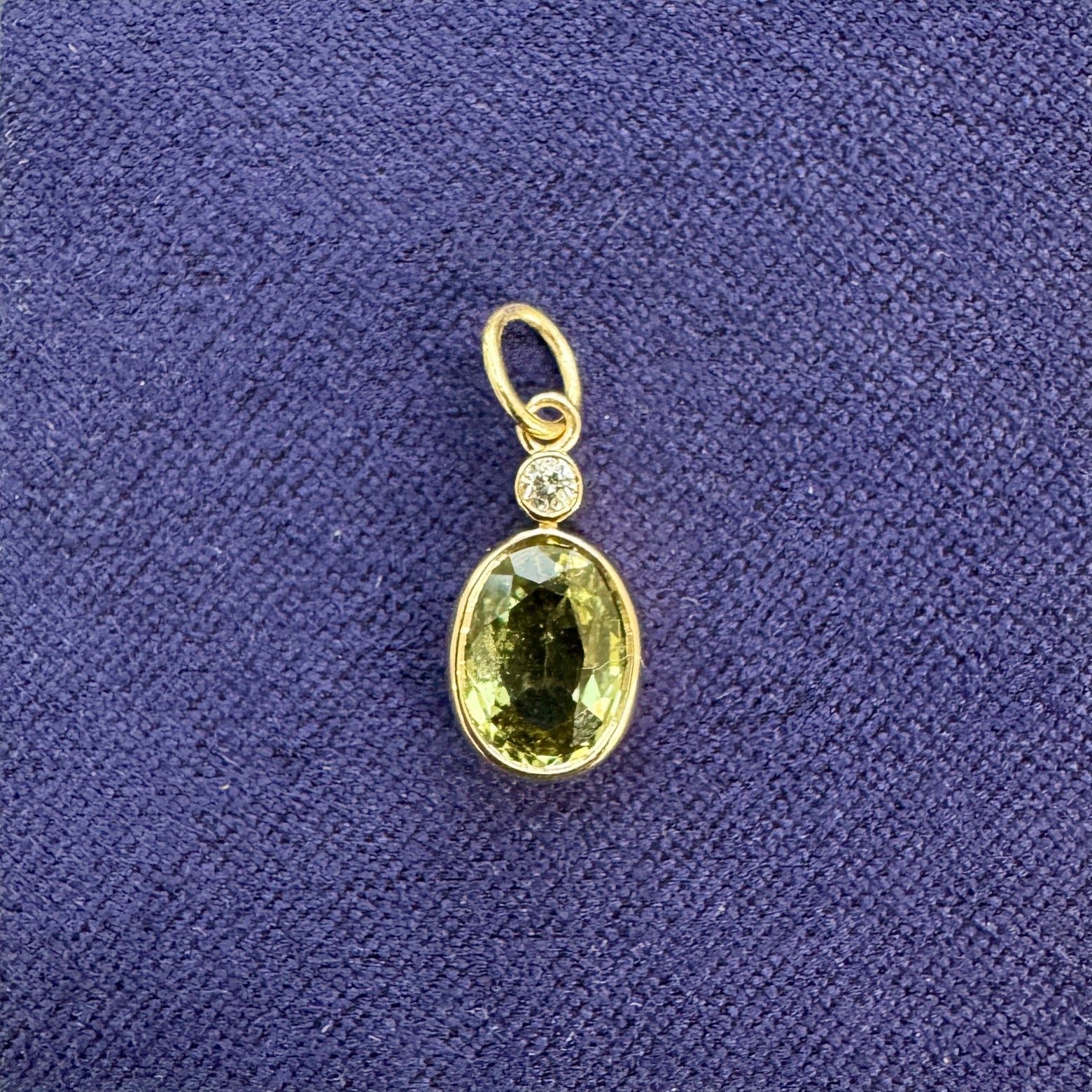 14k Yellow Gold and Bezel-set 1.11ct Green Sapphire with small Diamond on Dangling Bail Custom Pendant