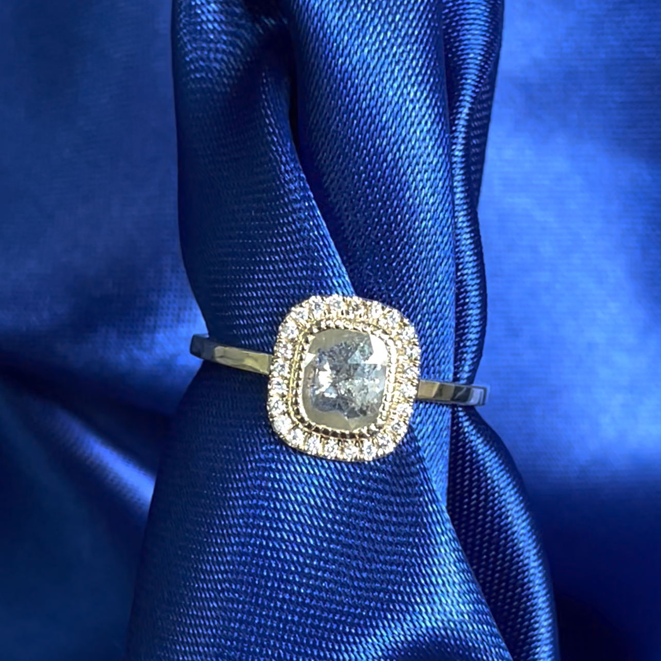 14k Yellow Gold and Milgrain Bezel Cushion Milky Diamond with Halo of Diamonds Custom Ring