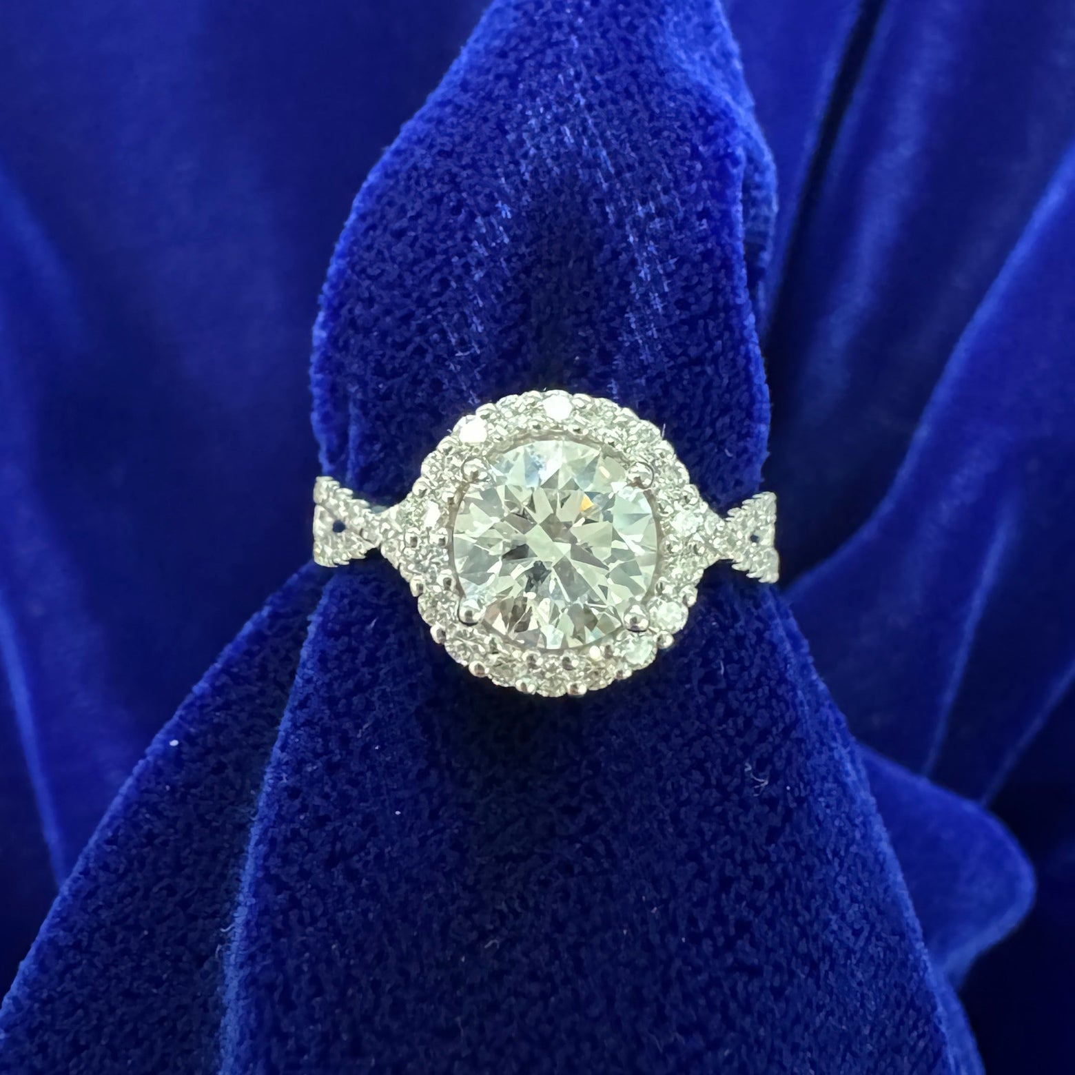 14k White Gold 1.26ct Round Lab Diamond with Lab Diamond Halo and Half Pave Split Shank Custom Ring, size 5.25