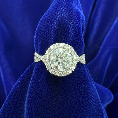14k White Gold 1.26ct Round Lab Diamond with Lab Diamond Halo and Half Pave Split Shank Custom Ring, size 5.25