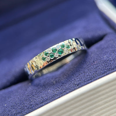 14k Nickel-free White Gold and 12pc Lab Emeralds and Lab Diamonds on 4mm Hammered Band Custom Ring, size 6