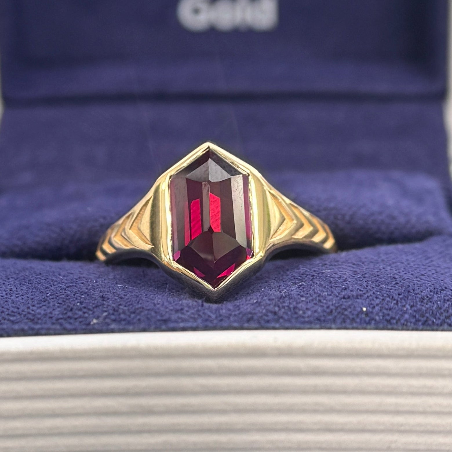 14k Yellow Gold Custom-grown Hexagon Lab Ruby Set into Chronos Band, Custom Ring, Size 6.5