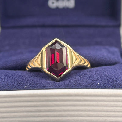 14k Yellow Gold Custom-grown Hexagon Lab Ruby Set into Chronos Band, Custom Ring, Size 6.5