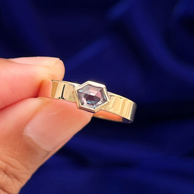 14k Yellow Gold and Rose Step Cut Elongated Hexagon Lab Alexandrite on 4mm Band Custom Ring, size 9.75