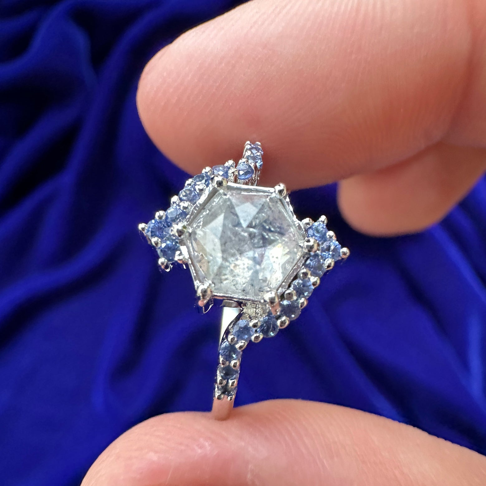14k White Gold and 1.27ct Hexagon Salt-and-pepper Diamond with Light Blue Sapphires Custom Engagement Ring, size 7.5