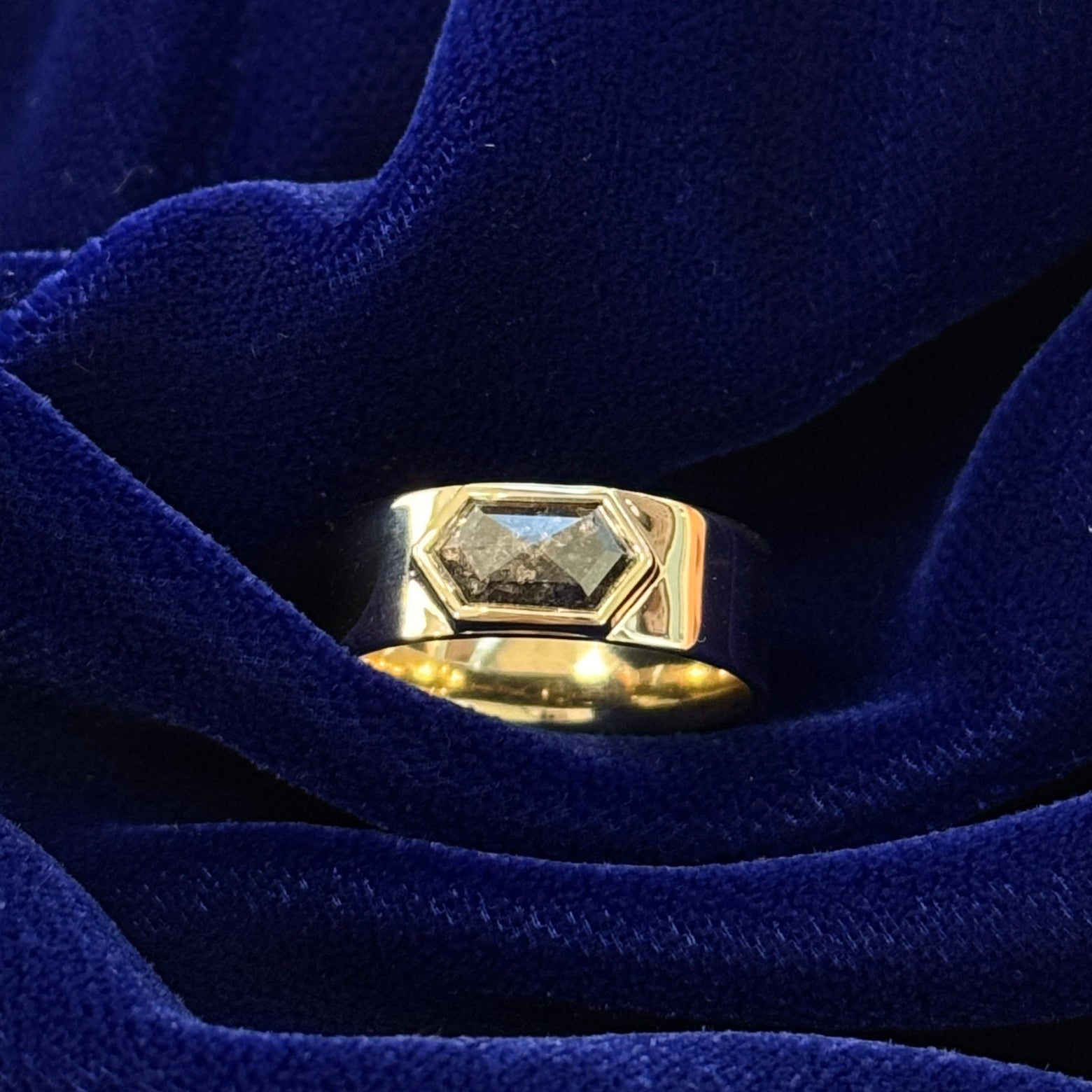 14k Yellow Gold and Bezel set Hexagon Salt and Pepper Diamond on Wide Flat Band Custom Ring