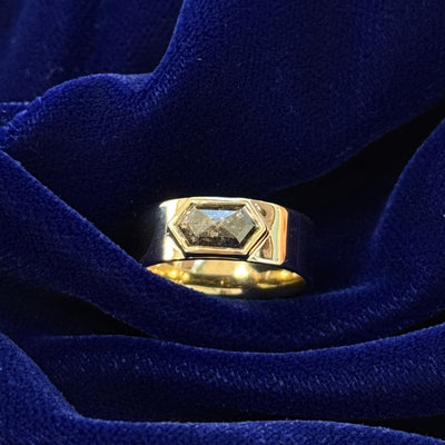 14k Yellow Gold and Bezel set Hexagon Salt and Pepper Diamond on Wide Flat Band Custom Ring