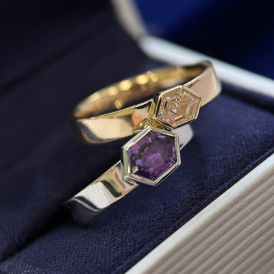 14k Yellow Gold Bezel-set Hexagon 1.32ct Natural Purple Sapphire and 0.49ct Hexagon Lab Diamond on 4mm Industrial Mirror Band Custom Couples Matching Rings, Size 7.25 and 8.25