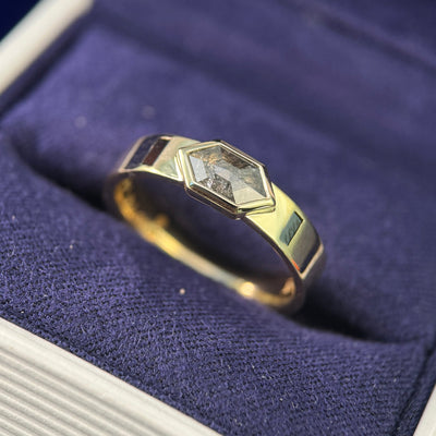 14k Yellow Gold and Bezel-horizontal-set 0.50ct Hexagon Salt-and-pepper Diamond with 2pc Flash-set 3x1.5mm Salt and Pepper Baguettes on 4mm Industrial Mirror Band 