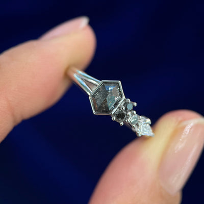 950 Platinum and 0.66ct Hexagon Salt-and-pepper Diamond with 1 Kite Lab and 3 Round Salt-and-pepper Diamonds and Open shank on 2.5mm Mix Mirror Band Custom Ring, size 7.5 