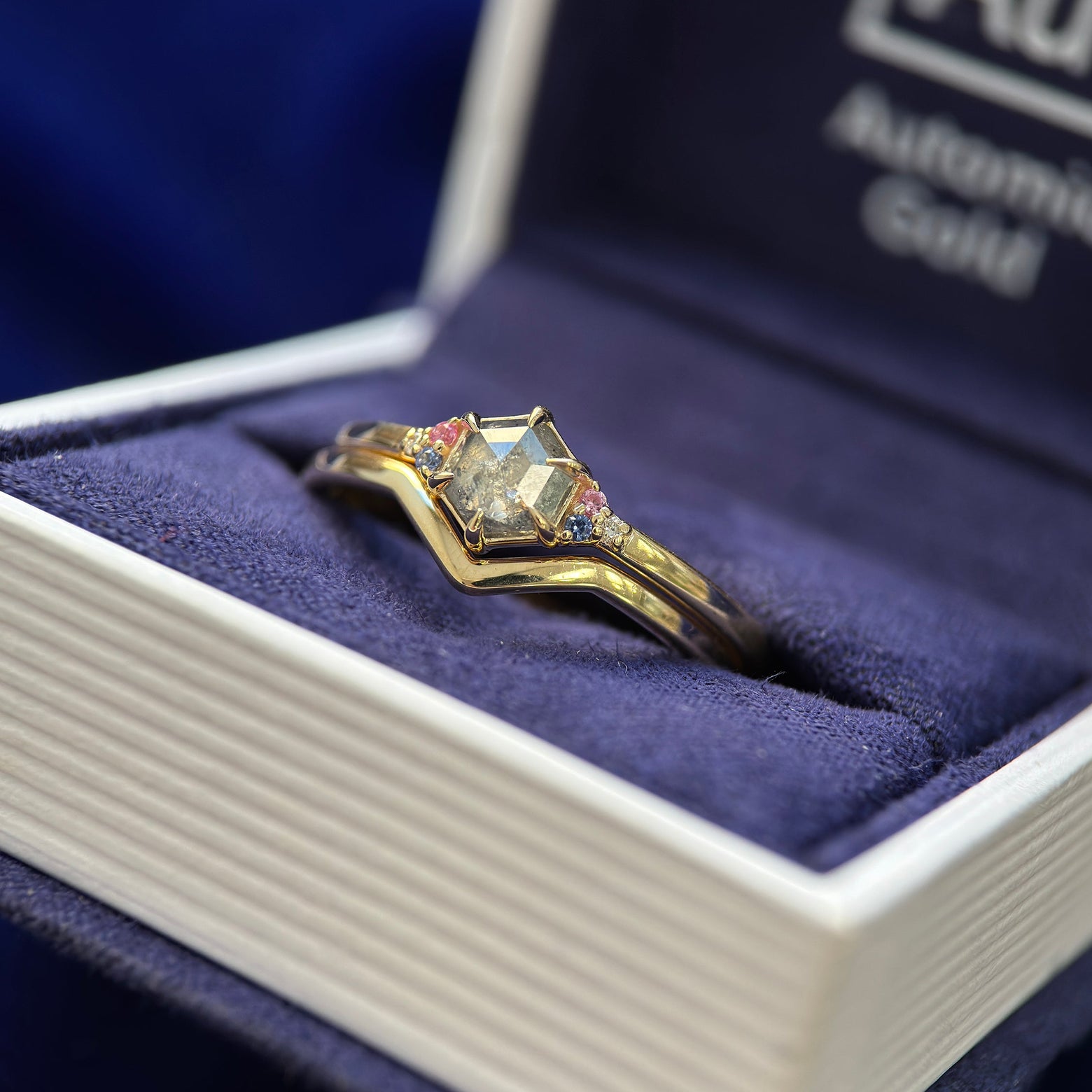 14k Customers Yellow Gold and 0.70ct Hexagon Salt-and-pepper Diamond with Blue, Pink Lab Sapphires and Lab Diamond Custom Ring with 14k Customers Yellow Gold 1.7mm Chevron Nesting Band,, size 11