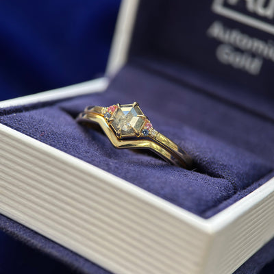 14k Customers Yellow Gold and 0.70ct Hexagon Salt-and-pepper Diamond with Blue, Pink Lab Sapphires and Lab Diamond Custom Ring with 14k Customers Yellow Gold 1.7mm Chevron Nesting Band,, size 11